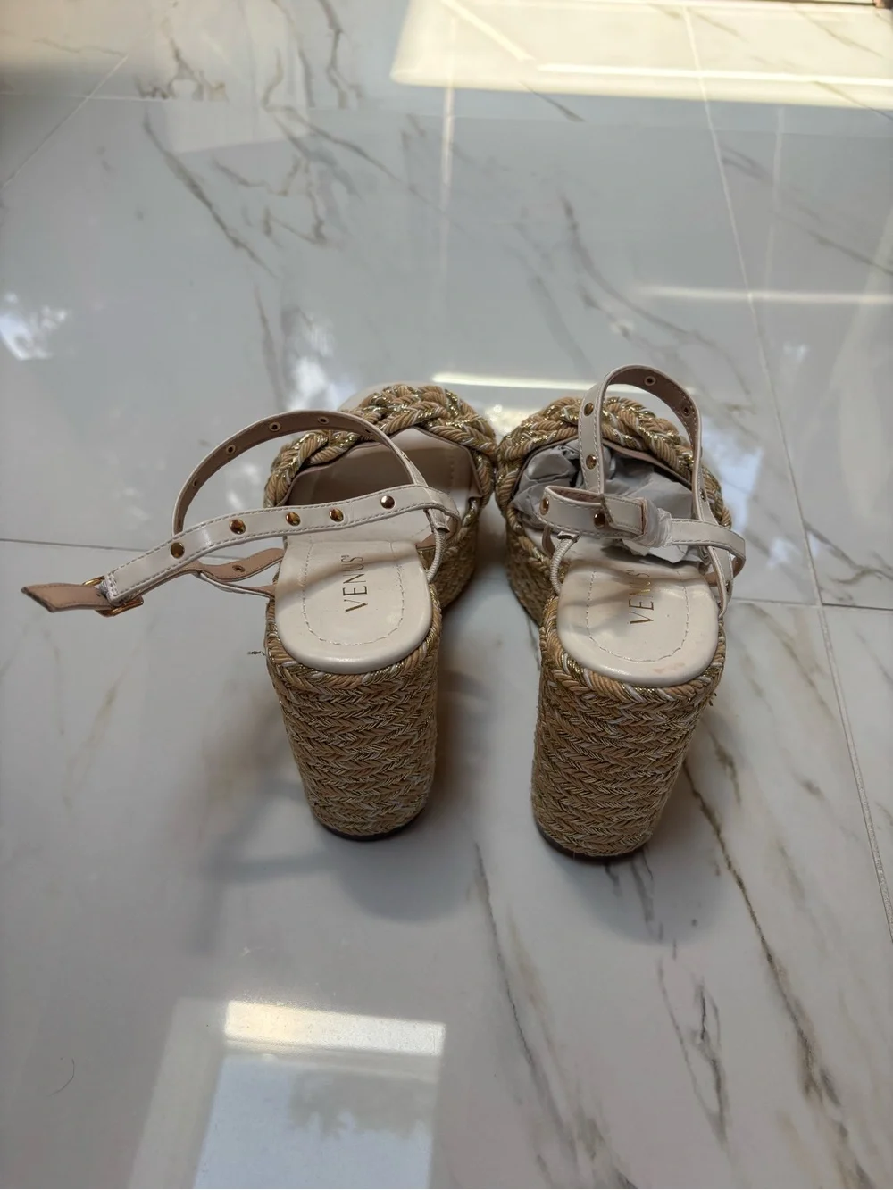 VENUS Cream Braided Espadrille Wedge Sandals